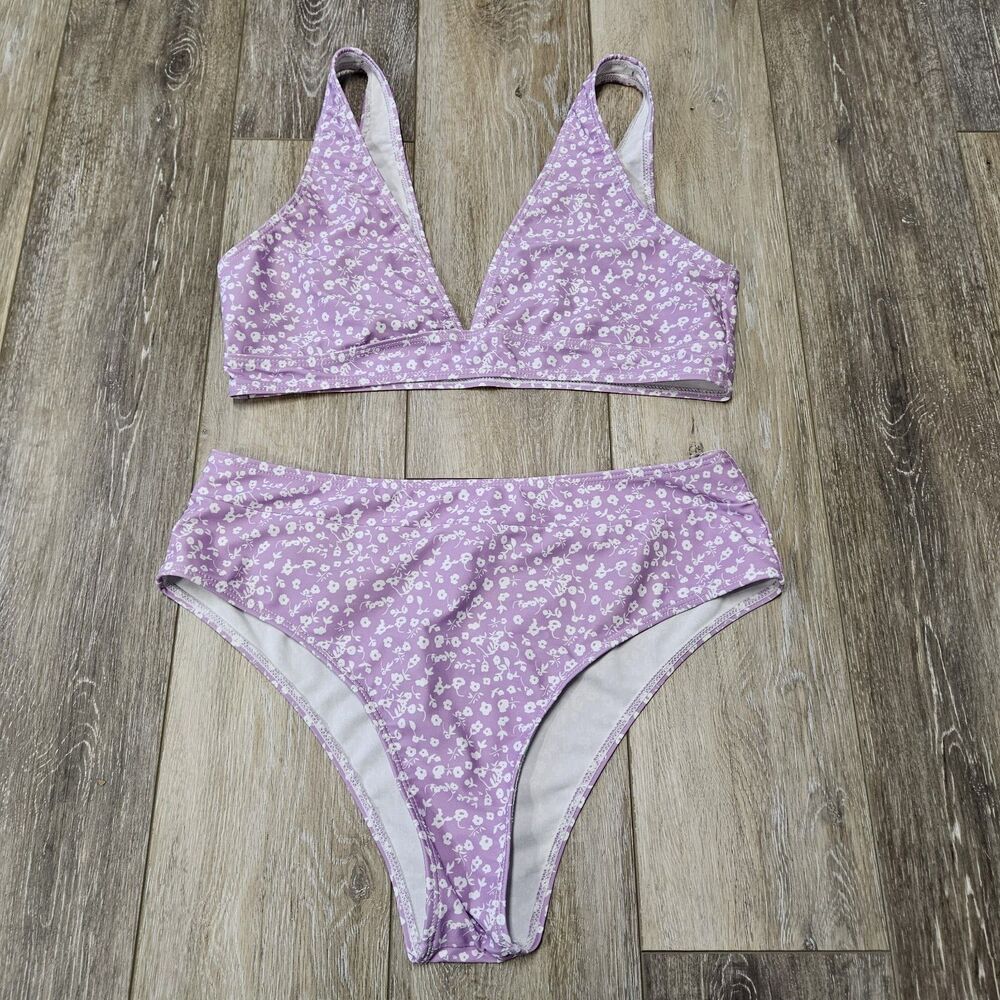 Unbranded Micro Floral 2 Piece Bikini Set High Waist Lilac White Women's Large